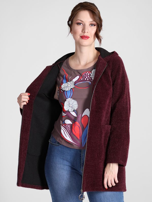 Large Size Maroon Hooded Zip-up Cardigan